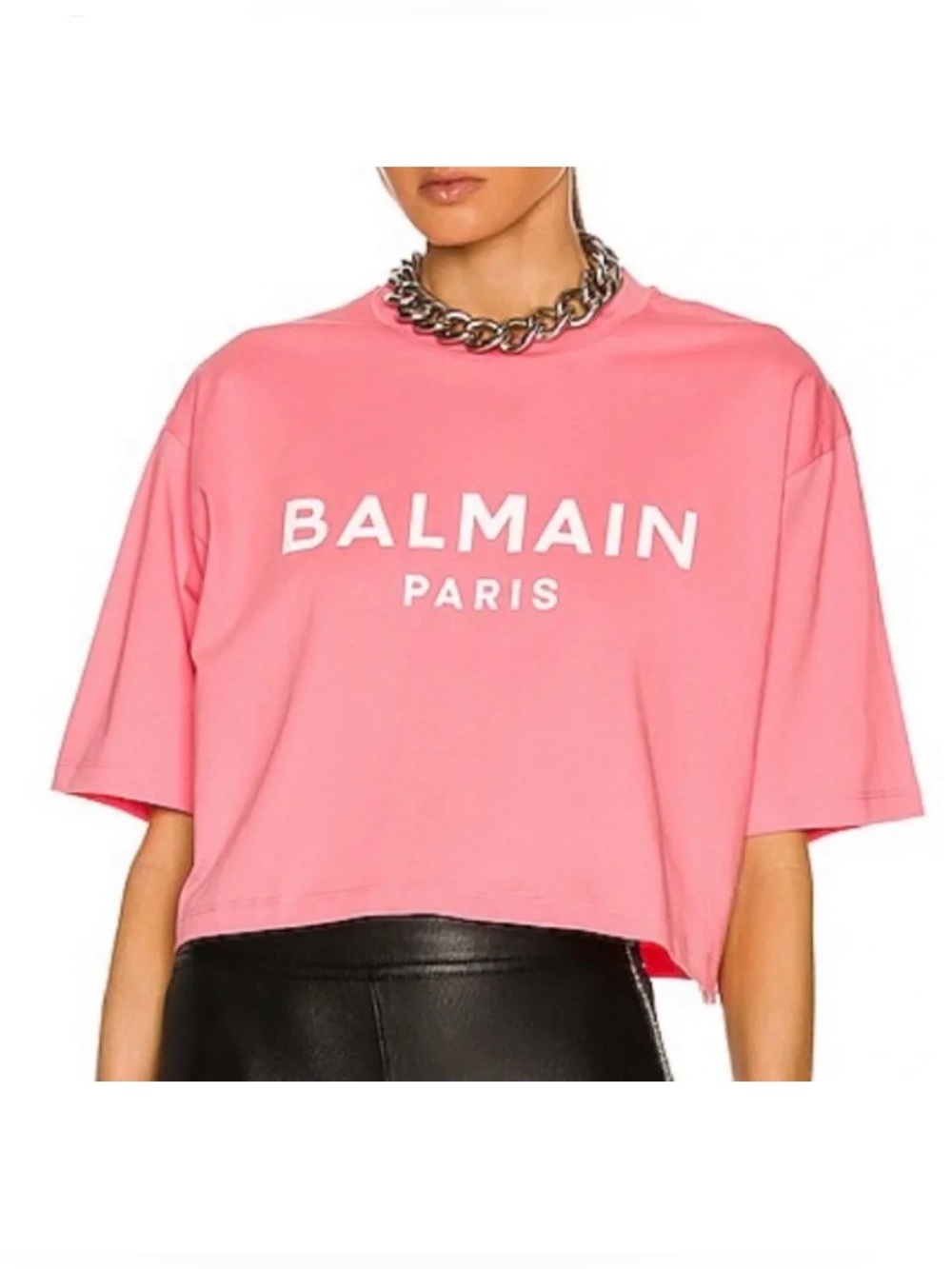 Balmain Paris XL Short Sleeve T Shirt Crop Length Pink Logo Designer Casual